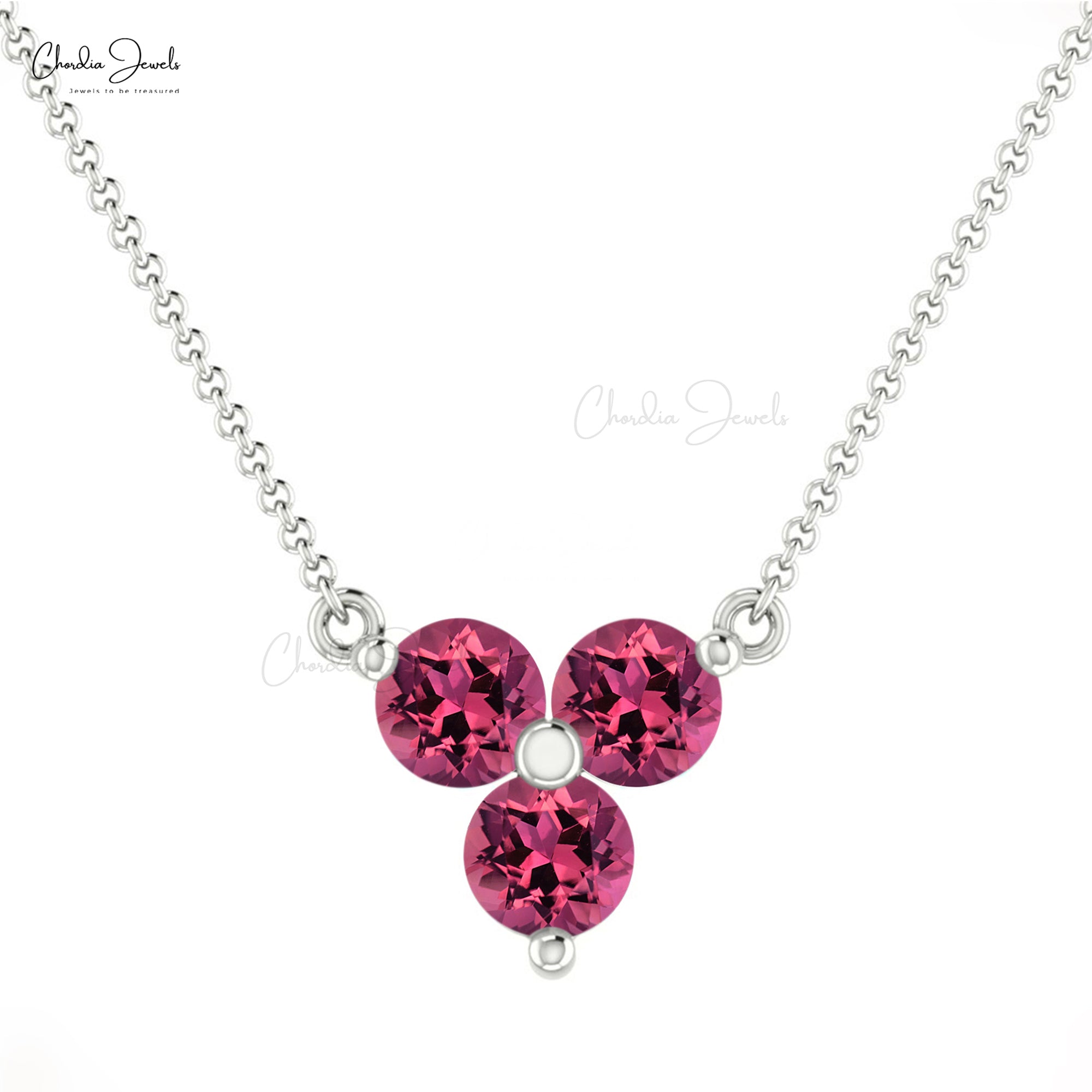 Triple Pink Tourmaline Chain Necklace With 3mm Gemstone 14k Real Gold Cluster Jewelry