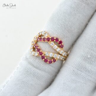 Crossover Pave Ring With 0.76 Ct Burma Ruby Diamond 14k Yellow Gold Overlapping Rings