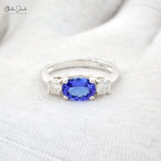 Three Stone Wedding Ring In 14k White Gold Tanzanite 8x6mm Gemstone And Diamond Rings
