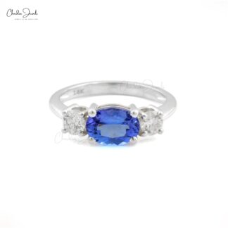 Three Stone Wedding Ring In 14k White Gold Tanzanite 8x6mm Gemstone And Diamond Rings