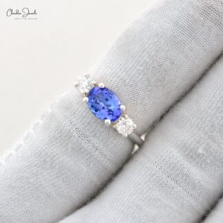 Three Stone Wedding Ring In 14k White Gold Tanzanite 8x6mm Gemstone And Diamond Rings