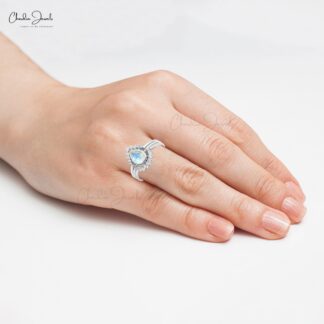 Bezel Set Moonstone Stackable Band With 7x5mm Gemstone And Diamond 14k White Gold Rings