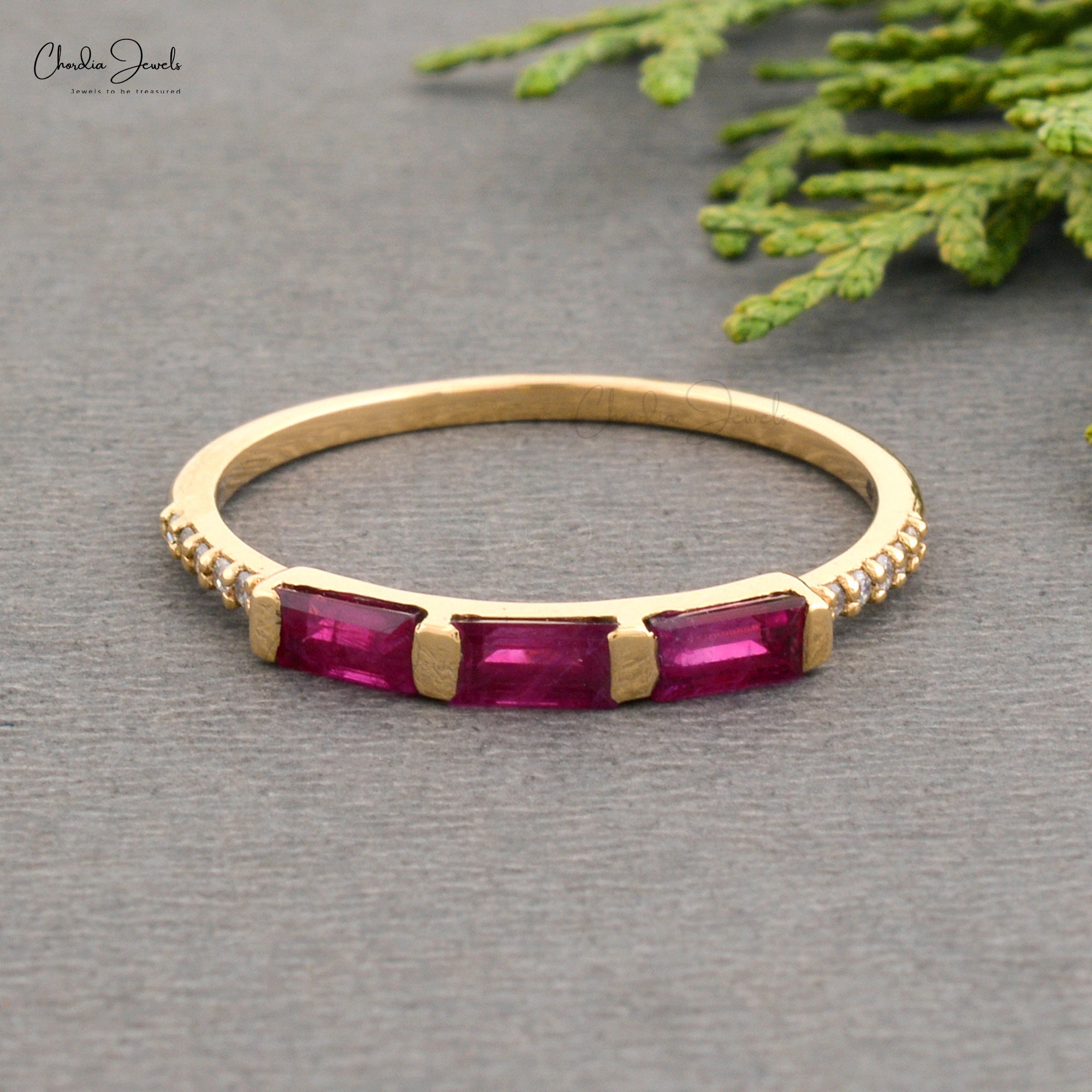 Natural Burma Ruby Trilogy Ring In 14k Yellow Gold Gemstone And Diamond Stacking Ring