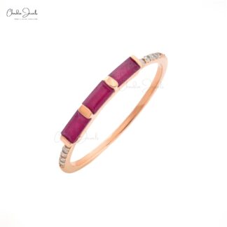Dainty Diamond Ring With 4x2mm Baguette Ruby Trio Stone Wedding Ring In 14k Rose Gold