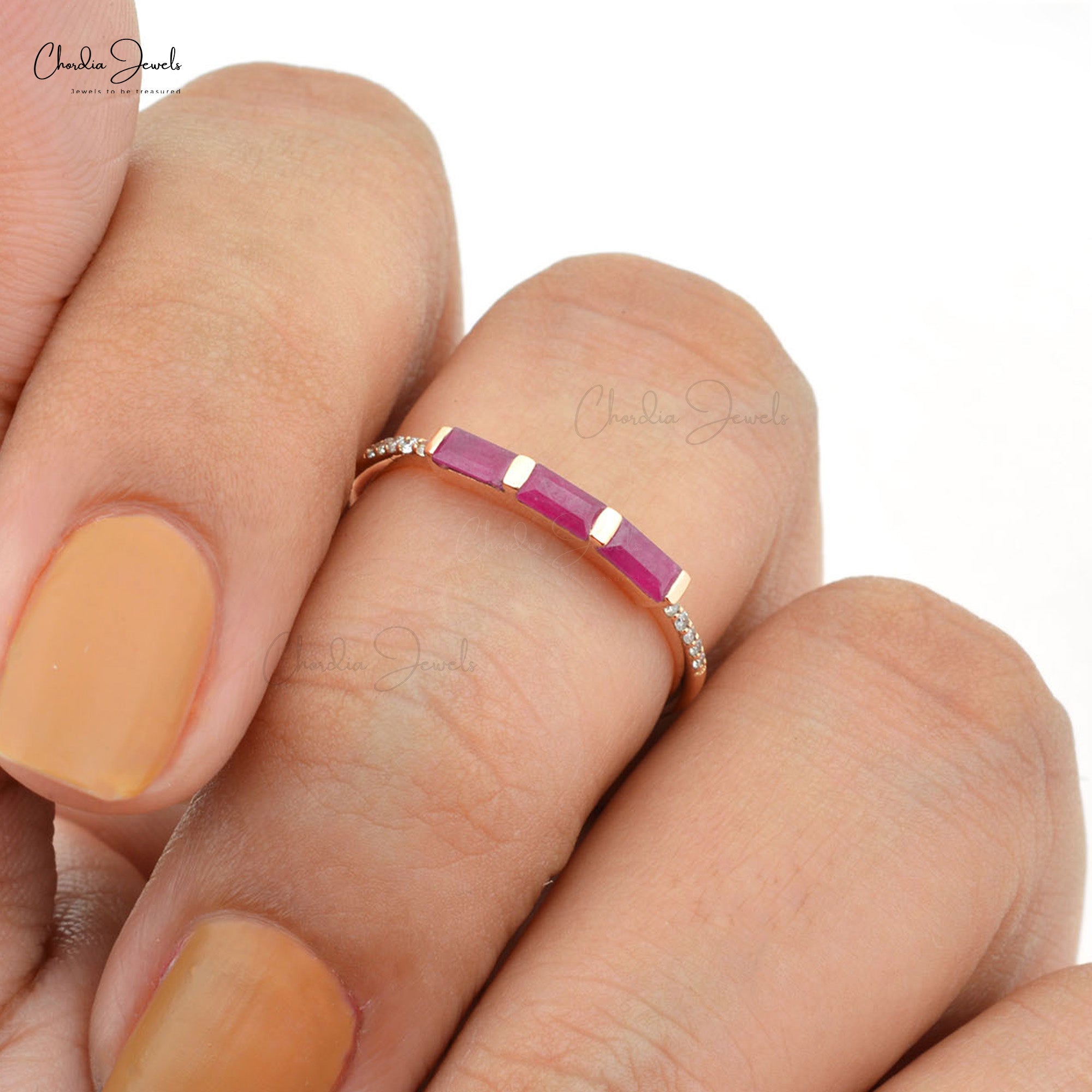 Dainty Diamond Ring With 4x2mm Baguette Ruby Trio Stone Wedding Ring In 14k Rose Gold