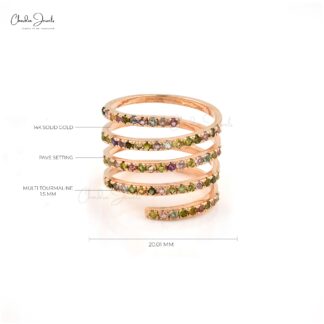 Rainbow Swirl Ring In 14k Rose Gold Multi Color Tourmaline 1.5mm Gemstone Rings For Her