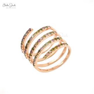Rainbow Swirl Ring In 14k Rose Gold Multi Color Tourmaline 1.5mm Gemstone Rings For Her