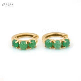 Dainty Huggies Hoops In Solid 14k Yellow Gold Zambian Emerald 3 Stone Latch Back Earrings