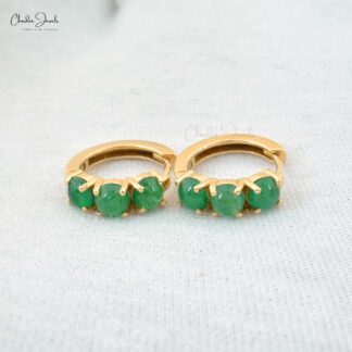 Dainty Huggies Hoops In Solid 14k Yellow Gold Zambian Emerald 3 Stone Latch Back Earrings
