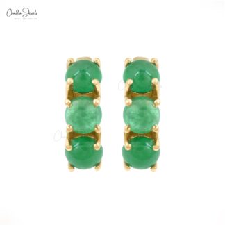 Dainty Huggies Hoops In Solid 14k Yellow Gold Zambian Emerald 3 Stone Latch Back Earrings
