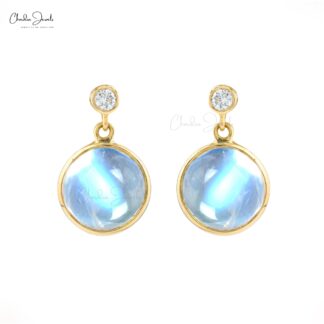 Genuine Rainbow Moonstone Dangling Earrings 14k Solid Yellow Gold Diamond Minimalist Studs 8mm Round Cut Gemstone Fine Jewelry
