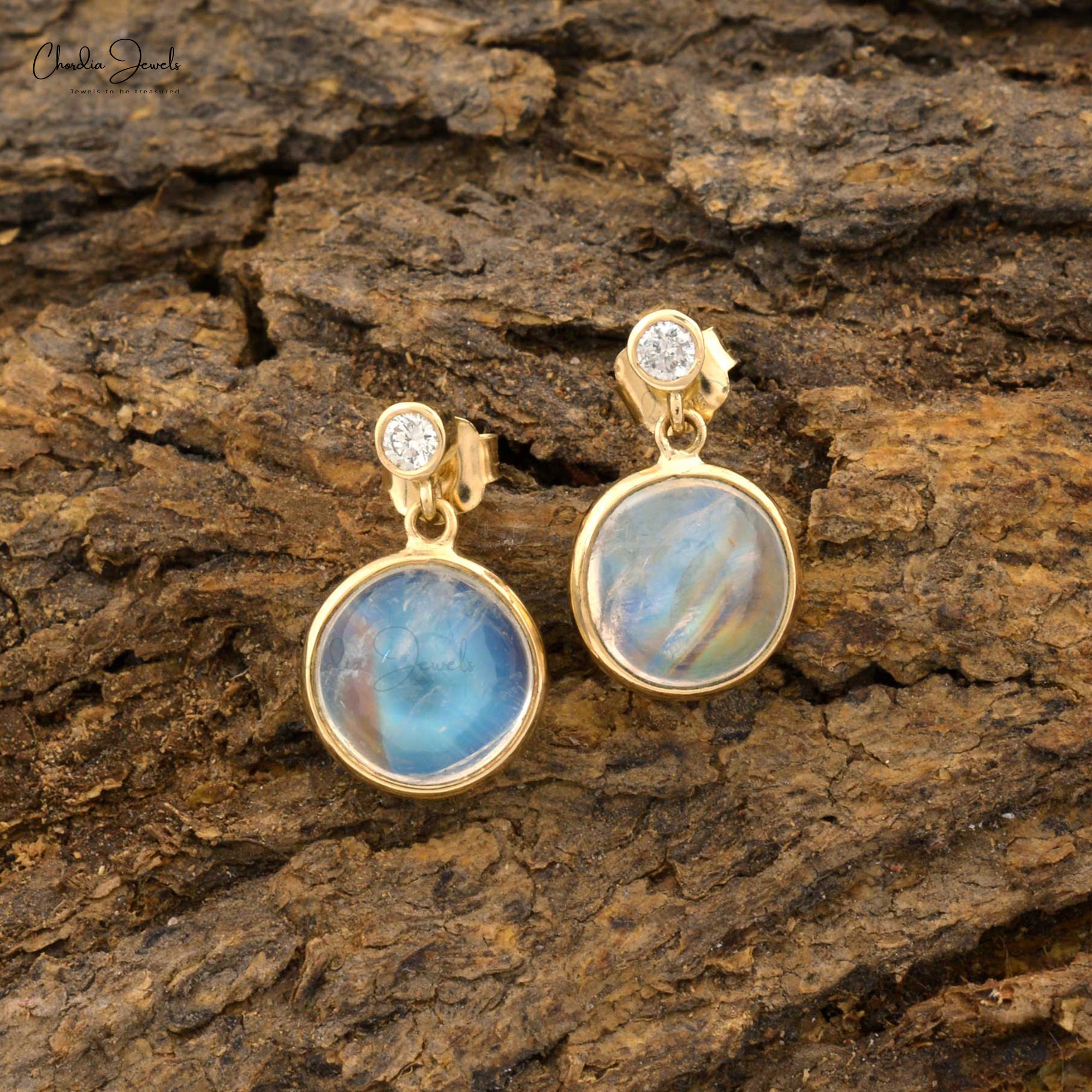 Genuine Rainbow Moonstone Dangling Earrings 14k Solid Yellow Gold Diamond Minimalist Studs 8mm Round Cut Gemstone Fine Jewelry