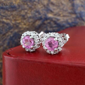 Authentic Pink Sapphire Diamond Studs Earrings 5mm Round Cut Gemstone 14k Solid White Gold Halo Studs Earrings Prong Set Hallmarked Jewelry