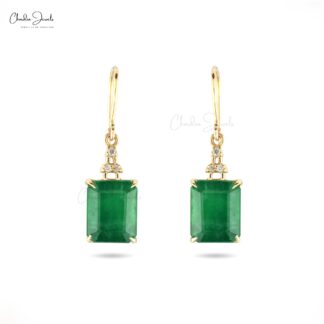 Diamond Dangle Earrings With 5.06 Ct Emerald Prong Set In 14k Yellow Gold Women Earrings