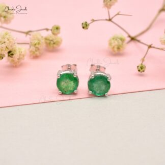 Single Gemstone Studs With 2.10 Ct Zambian Emerald Solitaire Earrings In 14k White Gold