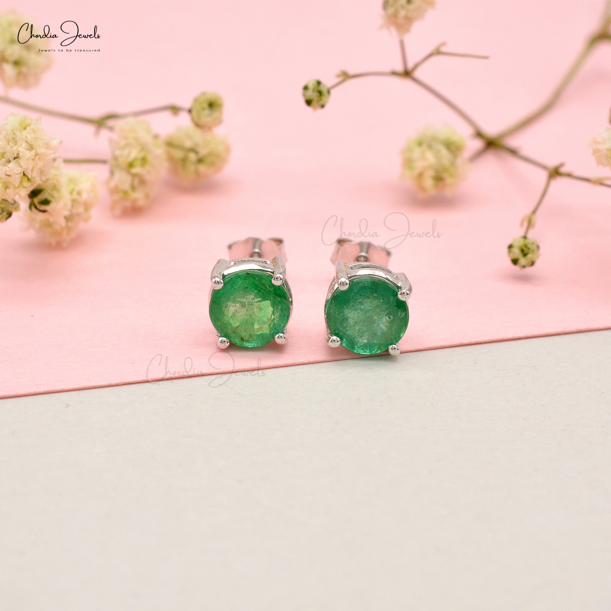 Single Gemstone Studs With 2.10 Ct Zambian Emerald Solitaire Earrings In 14k White Gold