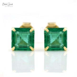 Square Solitaire Earrings In Real 14k Yellow Gold Emerald 6.5mm Gemstone Studs For Her