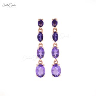Natural Amethyst 3.40 Ct Dangle Earrings, February Birthstone Long Drop Earrings For Anniversary Gift, 14k Solid Rose Gold Minimalist Jewelry