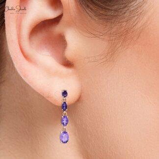 Natural Amethyst 3.40 Ct Dangle Earrings, February Birthstone Long Drop Earrings For Anniversary Gift, 14k Solid Rose Gold Minimalist Jewelry