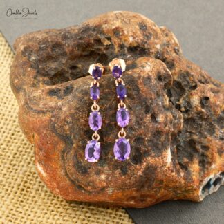 Natural Amethyst 3.40 Ct Dangle Earrings, February Birthstone Long Drop Earrings For Anniversary Gift, 14k Solid Rose Gold Minimalist Jewelry