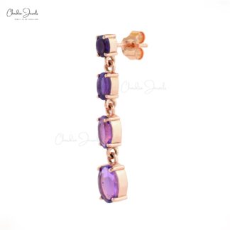 Natural Amethyst 3.40 Ct Dangle Earrings, February Birthstone Long Drop Earrings For Anniversary Gift, 14k Solid Rose Gold Minimalist Jewelry