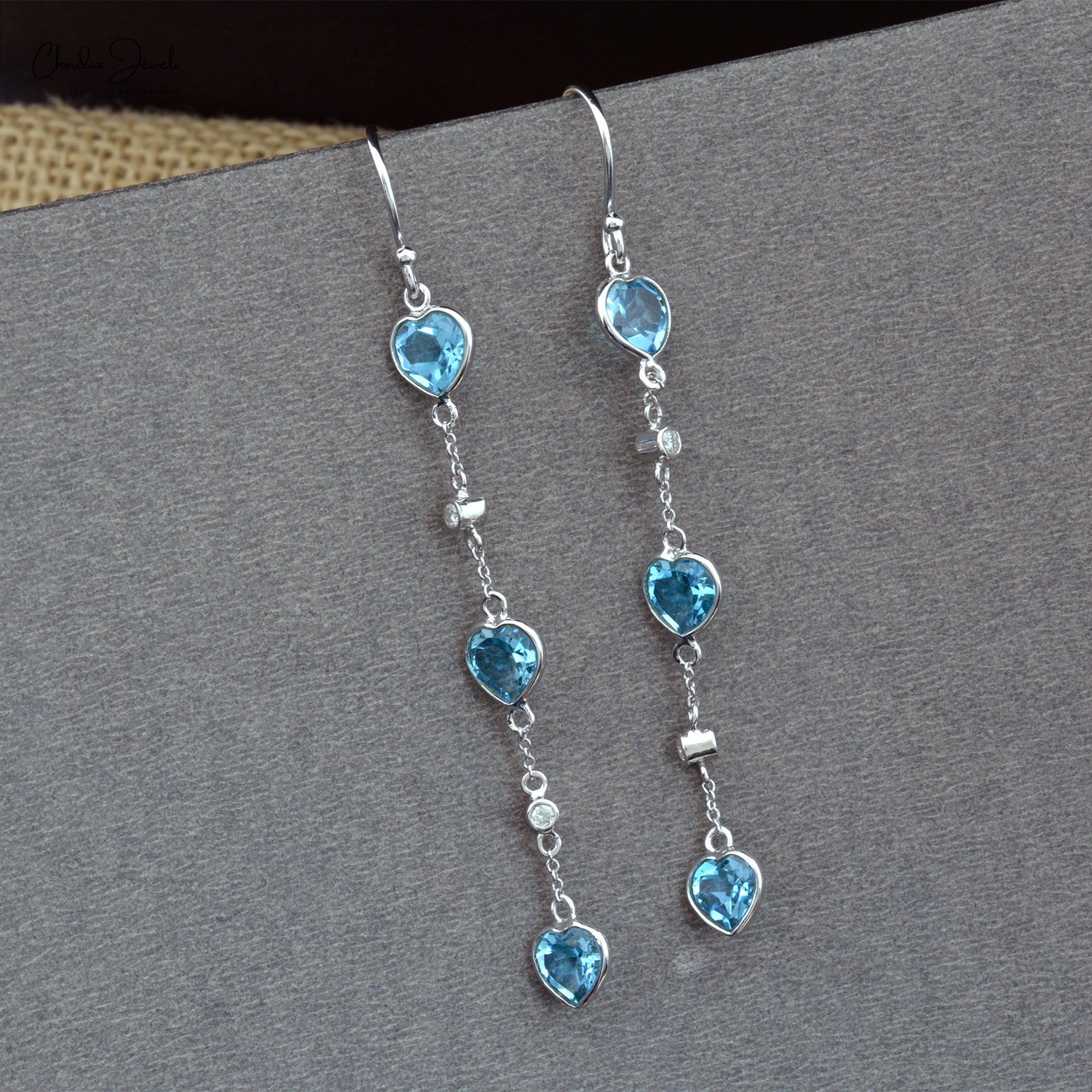 Genuine Swiss Blue Topaz Dainty Earrings 6mm Heart Cut Gemstone Dangle Earrings For Her 14k Solid White Gold Diamond Minimalist Summer Jewelry