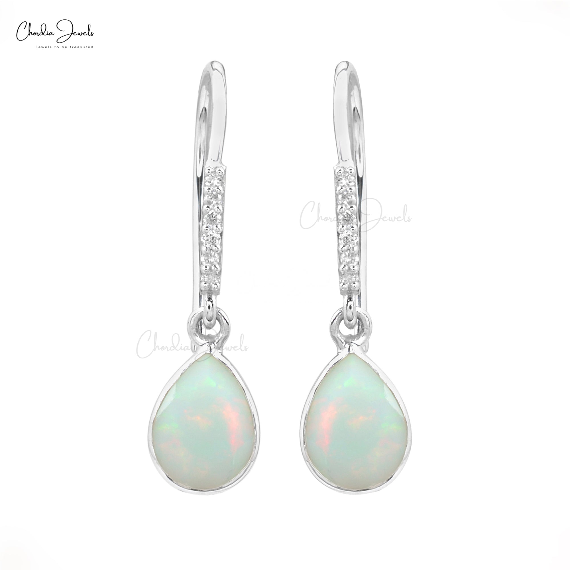 Genuine Opal Earrings 8x6mm Pear Cut Gemstone Dangle Earrings 14k Solid White Gold Diamond Antique Art Deco Earrings For Her