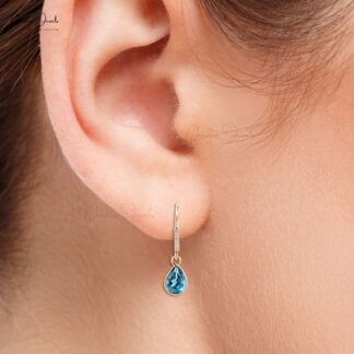 Natural London Blue Topaz Diamond Earrings 14k Solid Rose Gold Dangle Earrings For Her 8x6mm Pear Cut Gemstone Hallmarked Jewelry