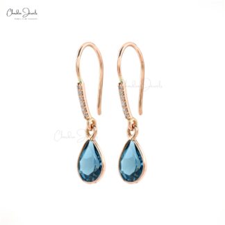 Natural London Blue Topaz Diamond Earrings 14k Solid Rose Gold Dangle Earrings For Her 8x6mm Pear Cut Gemstone Hallmarked Jewelry