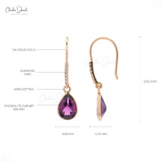 Genuine Rhodolite Garnet Dainty Earrings 1.16 Carats Pear Cut Gemstone Earrings 14k Solid Rose Gold White Diamond Dangle Earrings For Anniversary Gift