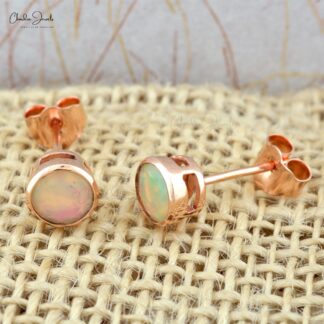 Authentic Opal Solitaire Studs 5mm Brilliant Round Cut Gemstone Tiny Earrings 14k Solid Rose Gold Bezel Set Studs For Women's
