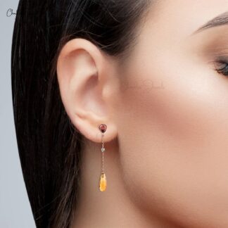 Diamond Dangler Earring In 14k Rose Gold Citrine And 4mm Heart Tourmaline Women Earrings