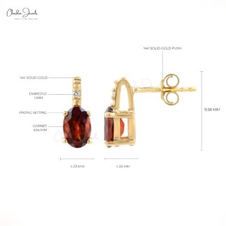 Natural Garnet Earrings 14k Solid Yellow Gold Diamond Earrings 6x4mm Oval Cut Gemstone Earrings For January Birthstone
