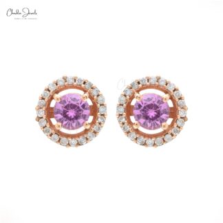 September Birthstone Natural Pink Sapphire Halo Earrings 4mm Round Cut Gemstone Prong Set Earrings 14k Solid Rose Gold Diamond Earrings For Anniversary Gift