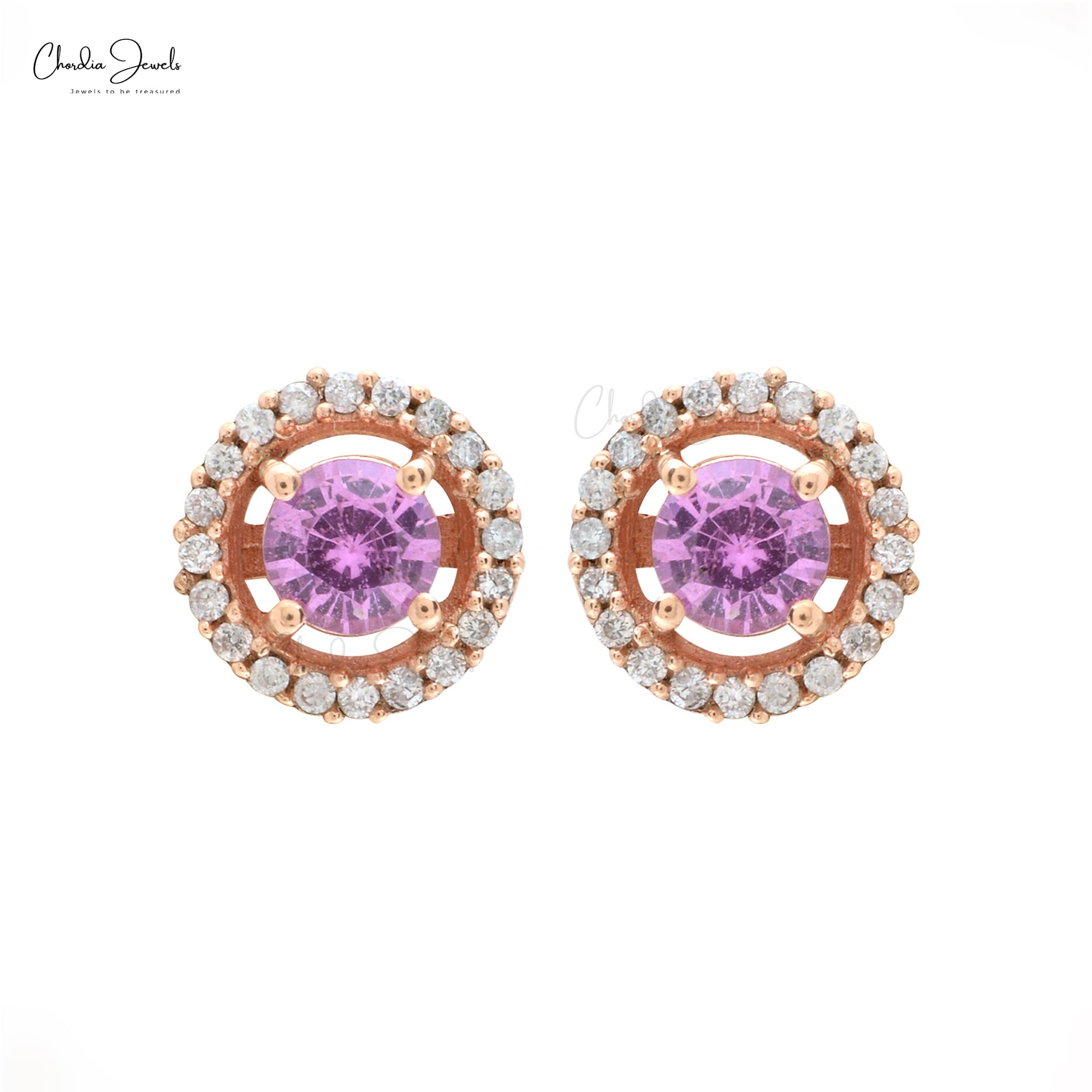 September Birthstone Natural Pink Sapphire Halo Earrings 4mm Round Cut Gemstone Prong Set Earrings 14k Solid Rose Gold Diamond Earrings For Anniversary Gift