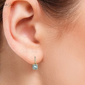 Natural Aquamarine Dangling Earrings 6mm Cushion Cut Gemstone Earrings 14k Solid Yellow Gold Earrings For Women’s