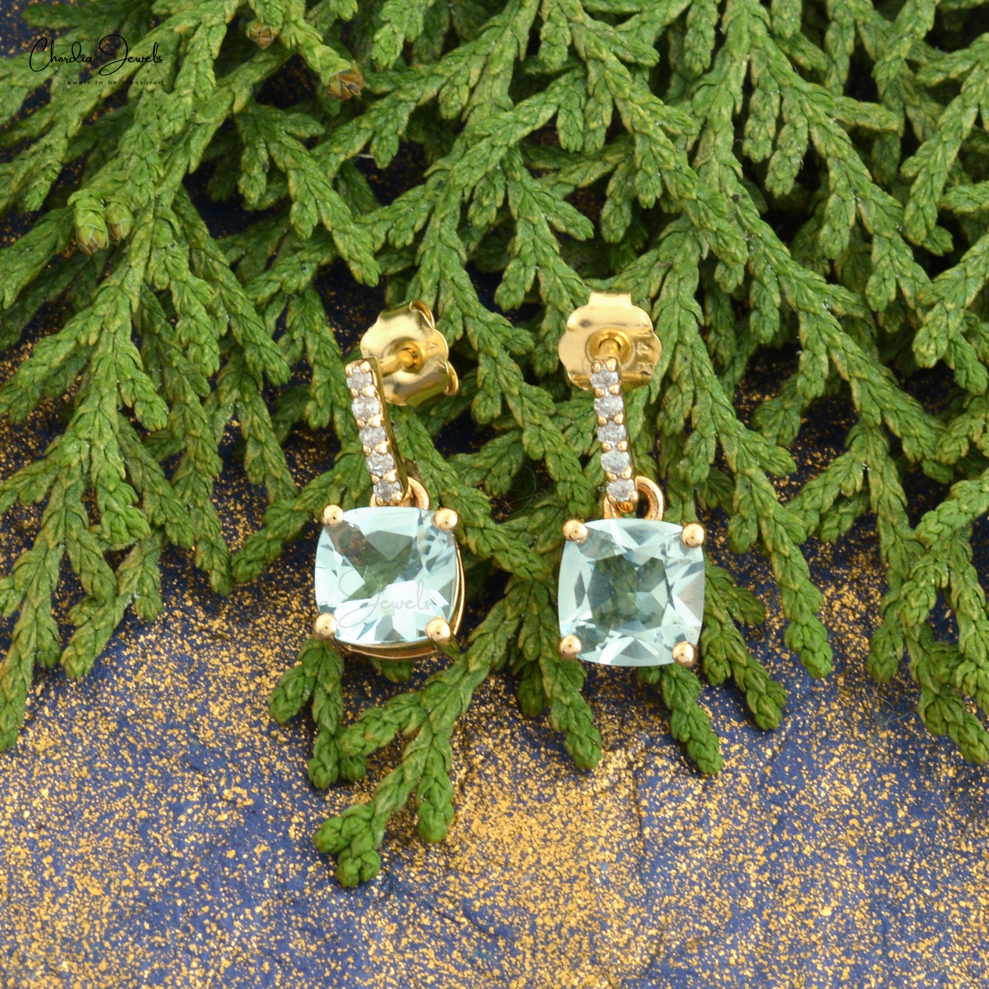 Natural Aquamarine Dangling Earrings 6mm Cushion Cut Gemstone Earrings 14k Solid Yellow Gold Earrings For Women’s