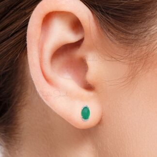 Real 14k White Gold Emerald & Diamond Half Halo Studs For Women