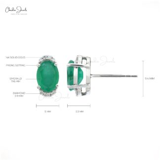 Real 14k White Gold Emerald & Diamond Half Halo Studs For Women