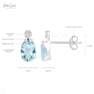 March Birthstone Natural Aquamarine Earrings 7x5mm Oval Cut Gemstone Earrings 14k Solid White Gold Diamond Earrings For Women’s