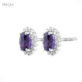 Real 14k White Gold Diamond Halo Earrings For Women, 0.88 Ct 4-Prong Set Natural Amethyst Earrings, 6x4mm Oval Cut February Birthstone Fine Jewelry