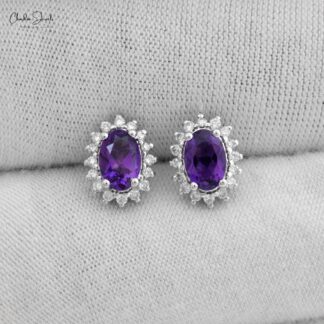 Real 14k White Gold Diamond Halo Earrings For Women, 0.88 Ct 4-Prong Set Natural Amethyst Earrings, 6x4mm Oval Cut February Birthstone Fine Jewelry