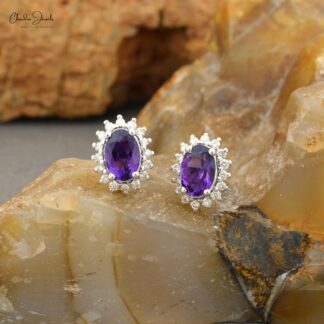 Real 14k White Gold Diamond Halo Earrings For Women, 0.88 Ct 4-Prong Set Natural Amethyst Earrings, 6x4mm Oval Cut February Birthstone Fine Jewelry
