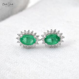 Real 14k Gold Emerald Diamond Cluster Halo Stud Earrings