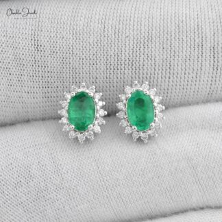 Real 14k Gold Emerald Diamond Cluster Halo Stud Earrings