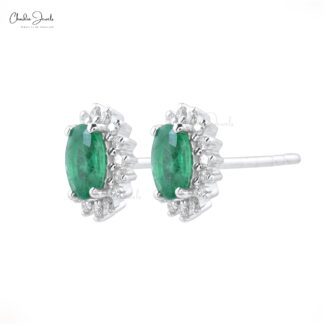 Real 14k Gold Emerald Diamond Cluster Halo Stud Earrings