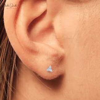 Dainty Trio Stone Earring In 14k White Gold Small Diamond Push Back Daughter Earrings