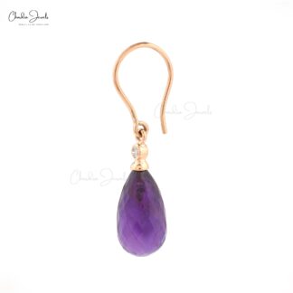 Real 14k Rose Gold Diamond Anniversary Hook Earrings, 15x7mm Drop Briolette Shape Genuine Amethyst Earring, 6.84 Ct February Birthstone Purple Gemstone Light Weight Jewelry