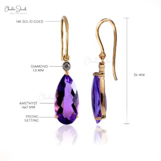Two Stone Hook Earring In 14k Yellow Gold Amethyst And Diamond Dangle Wedding Earrings