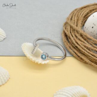 Solid 14k White Gold Adjustable Ring In 3mm Aquamarine And Diamond Open Cuff Women Ring
